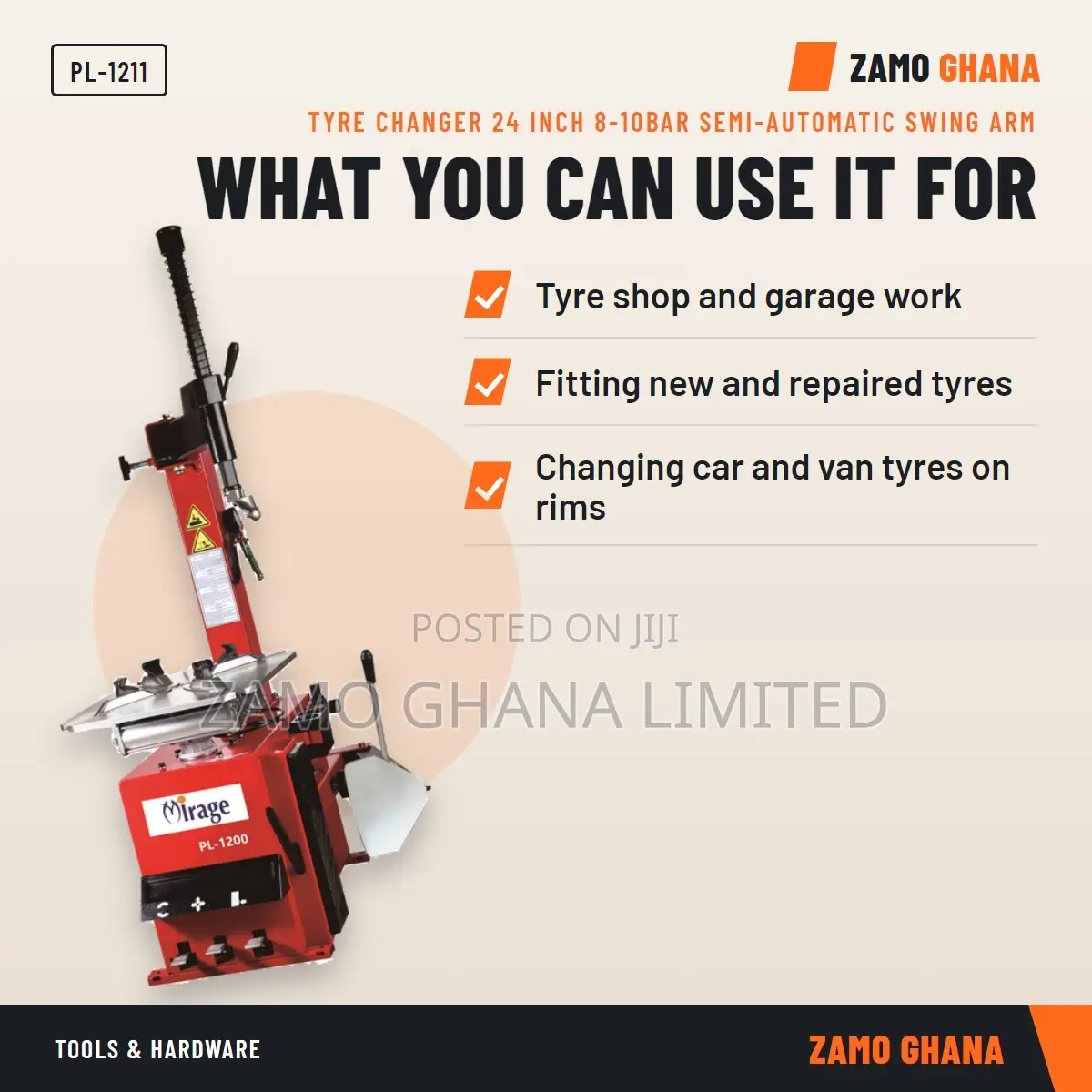 Tyre Changer 24 Inch 8-10Bar Semi-Automatic Swing Arm - PL-1211
