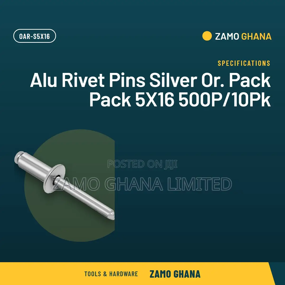 Alu Rivet Pins Silver Or. Pack Pack 5X16 500p/10Pk - OAR-S5X16