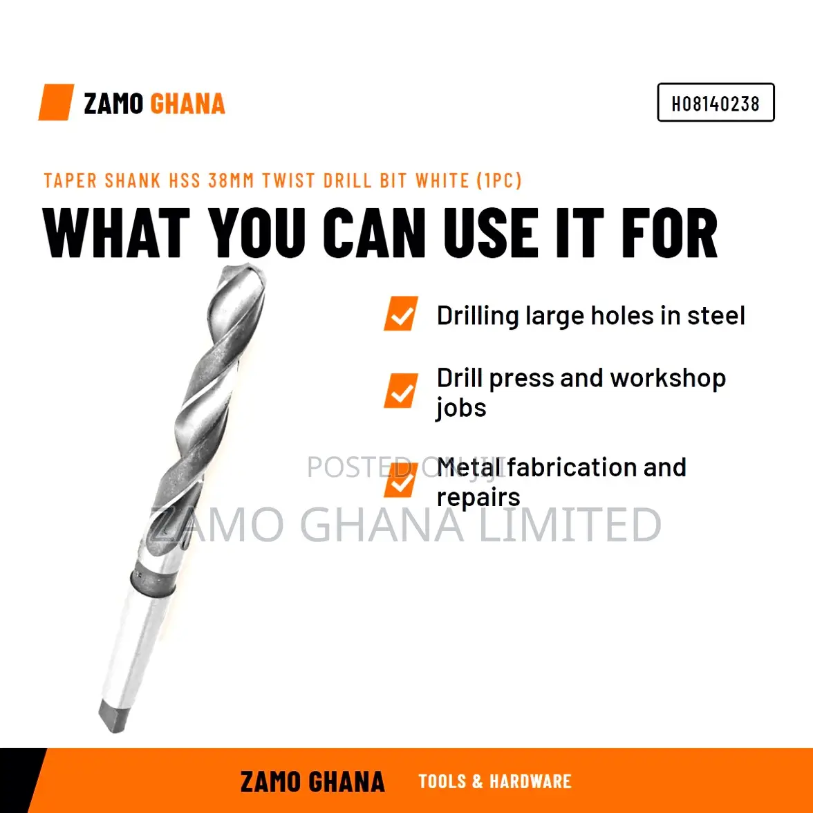 Taper Shank HSS 38Mm Twist Drill Bit White (1Pc) - H