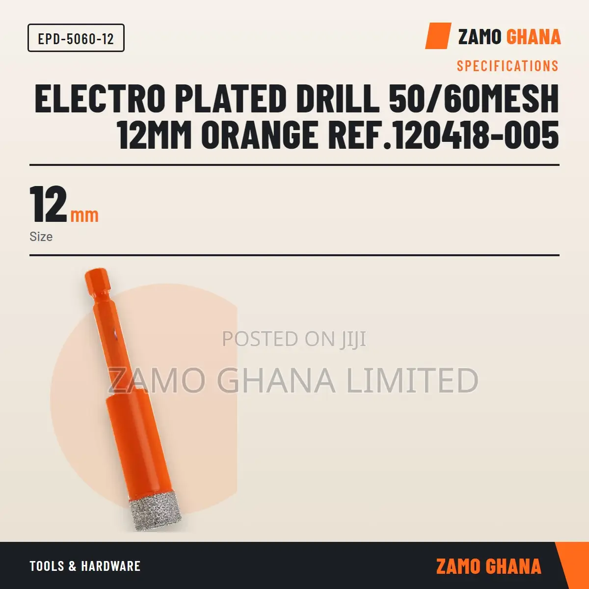 Electro Plated Drill 50/60Mesh 12Mm Orange Ref.120418-00 - EPD-5060-12