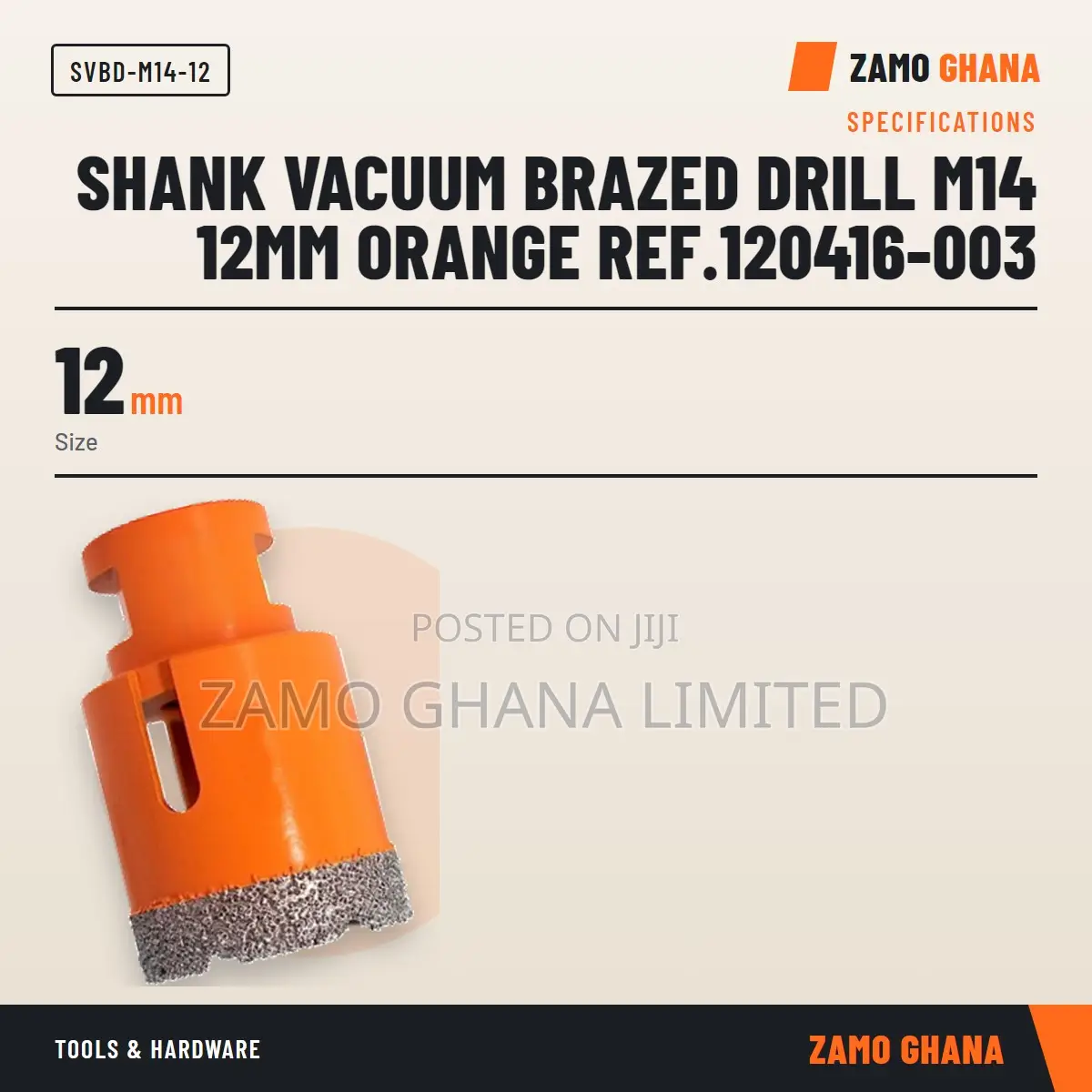 Shank Vacuum Brazed Drill M14 12Mm Orange Ref.120416-003 - SVBD-M14-12