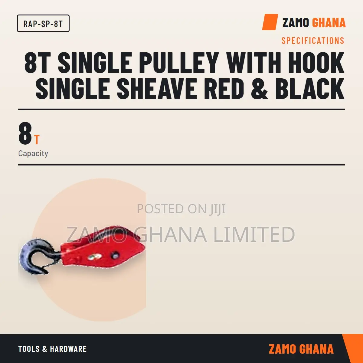 8T Single Pulley With Hook Single Sheave Red & Black - RAP-SP-8T