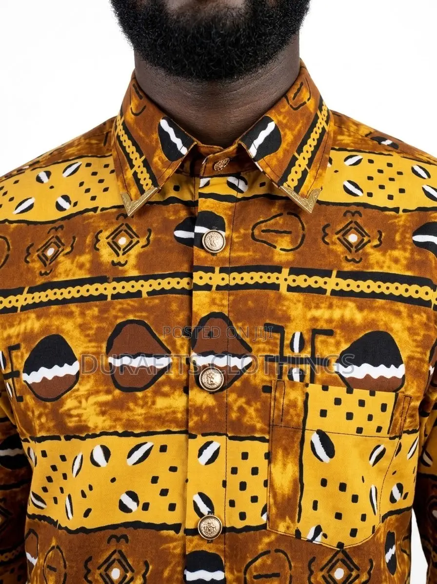 Earth-Toned Cowrie Shell Print Button-Down Shirt