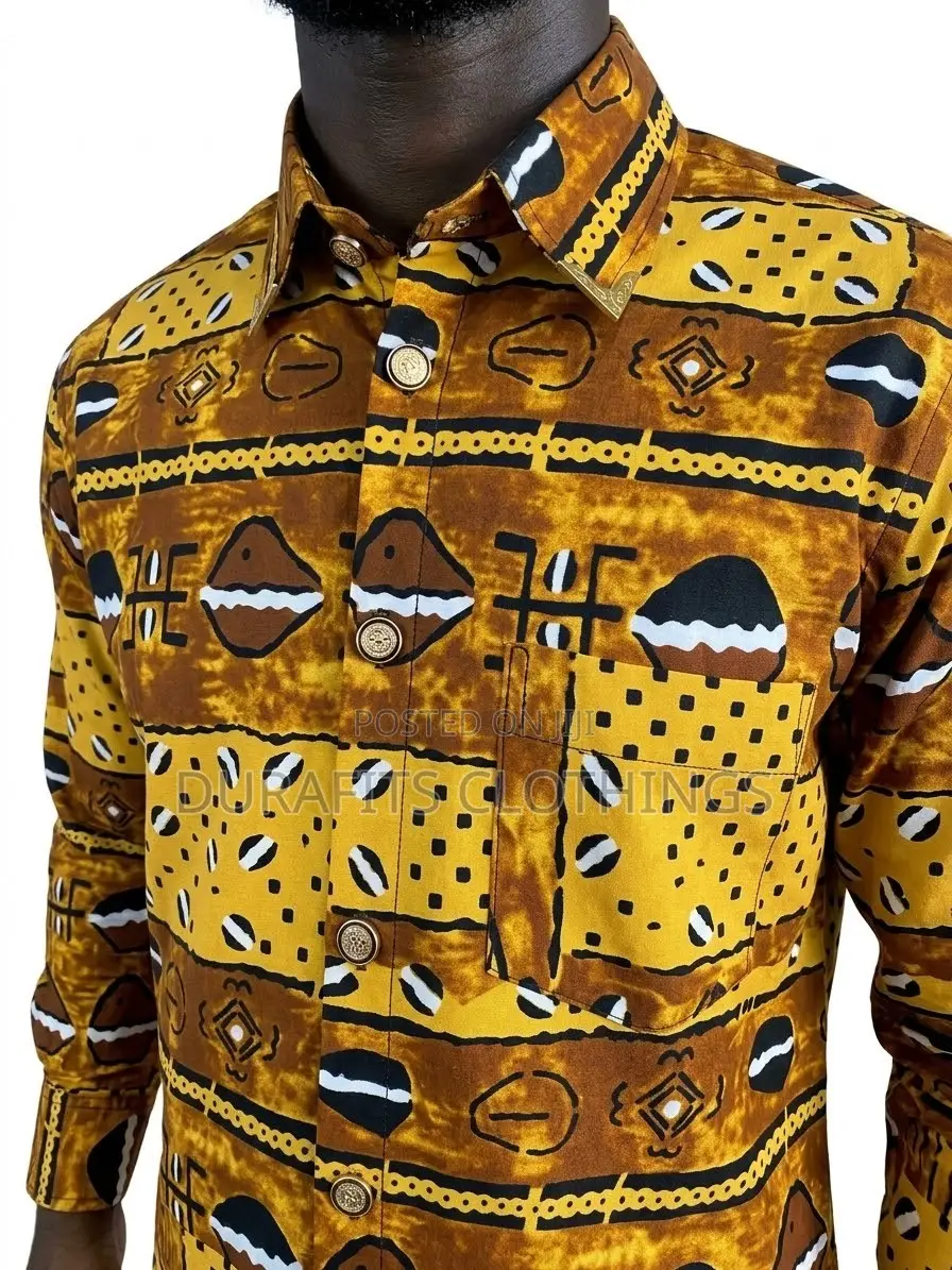 Earth-Toned Cowrie Shell Print Button-Down Shirt