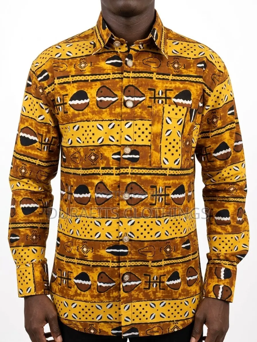 Earth-Toned Cowrie Shell Print Button-Down Shirt