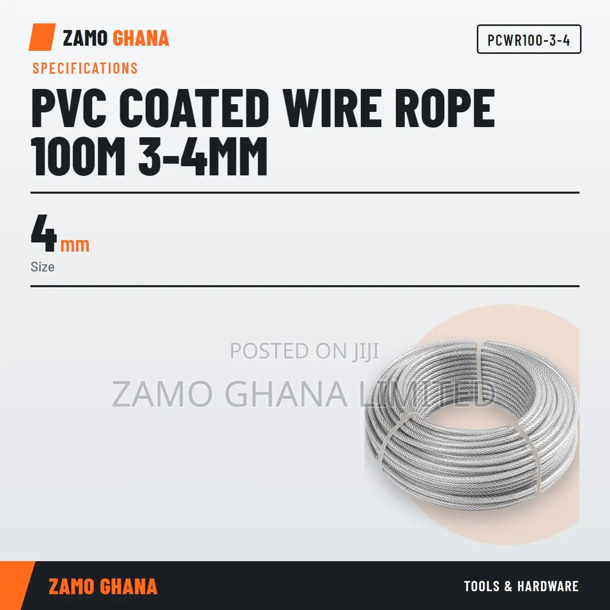 PVC Coated Wire Rope 100M 3-4Mm - PCWR100-3-4