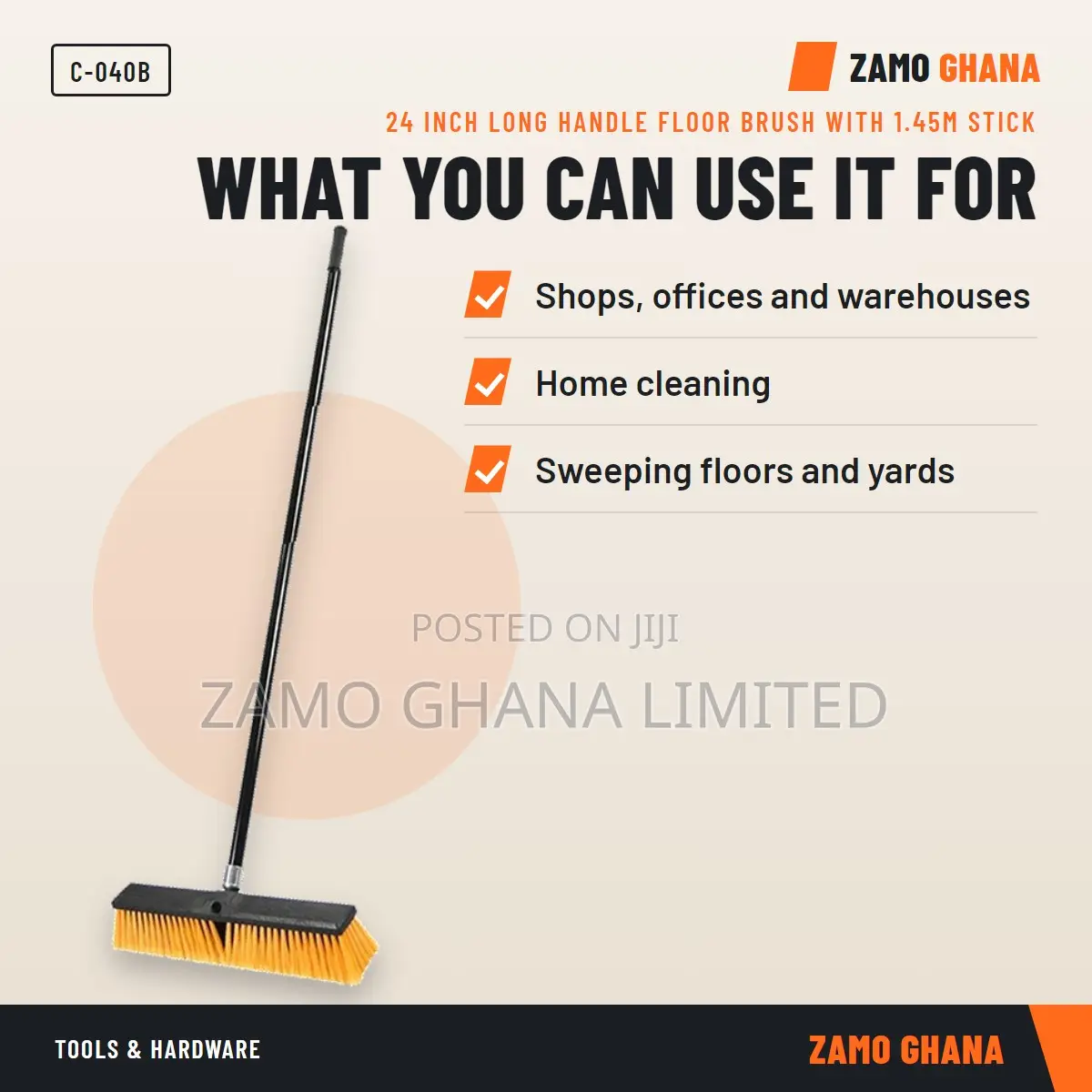 24 Inch Long Handle Floor Brush With 1.45M Stick - C-040b