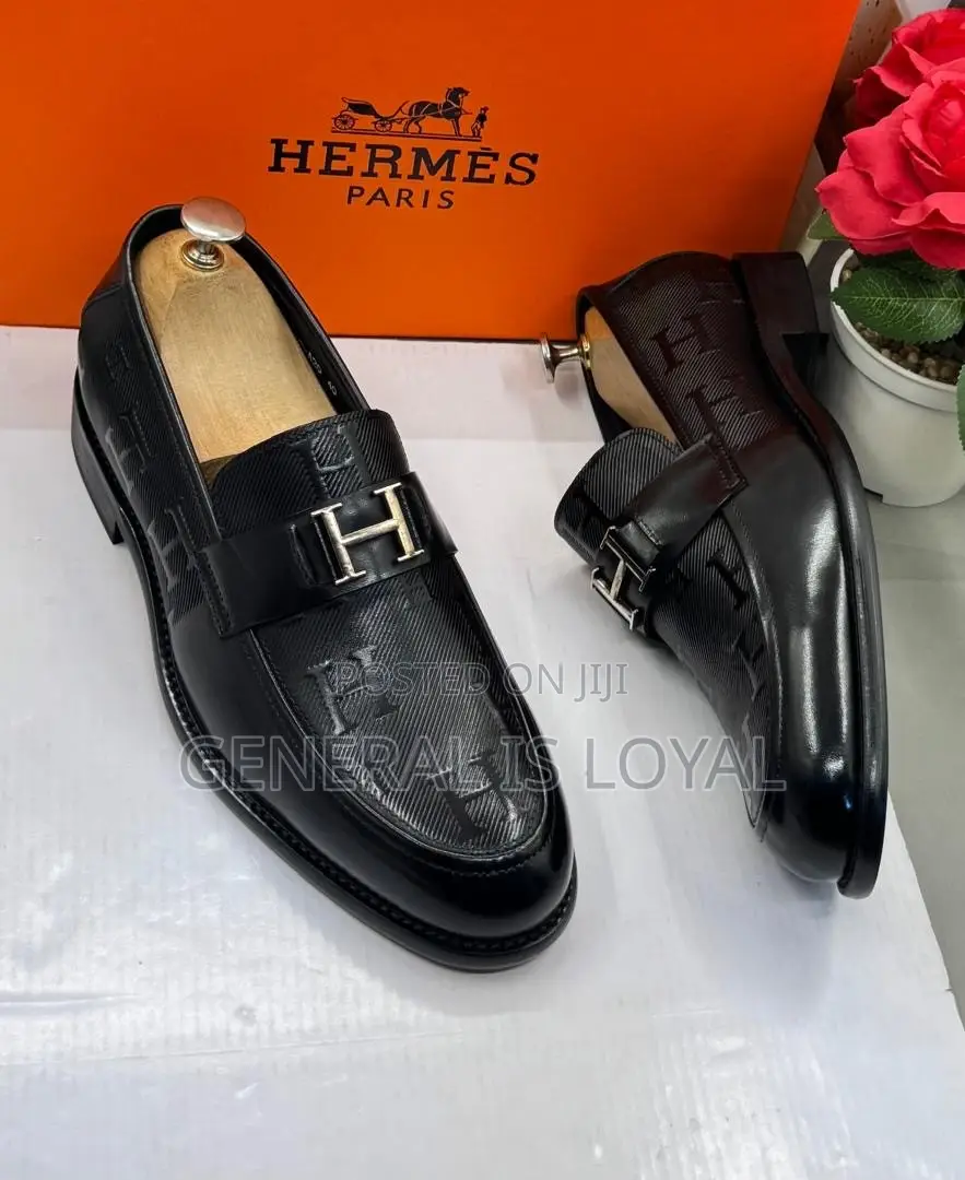Black Leather Hermès Paris Men's Loafers Signature Metallic "H