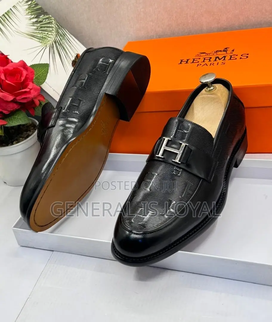 Black Leather Hermès Paris Men's Loafers Signature Metallic "H
