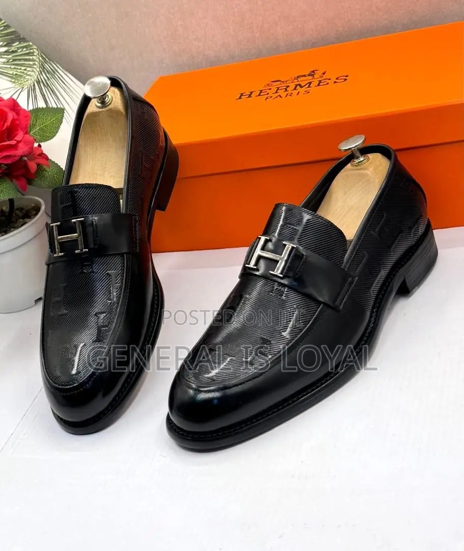 Black Leather Hermès Paris Men's Loafers Signature Metallic "H