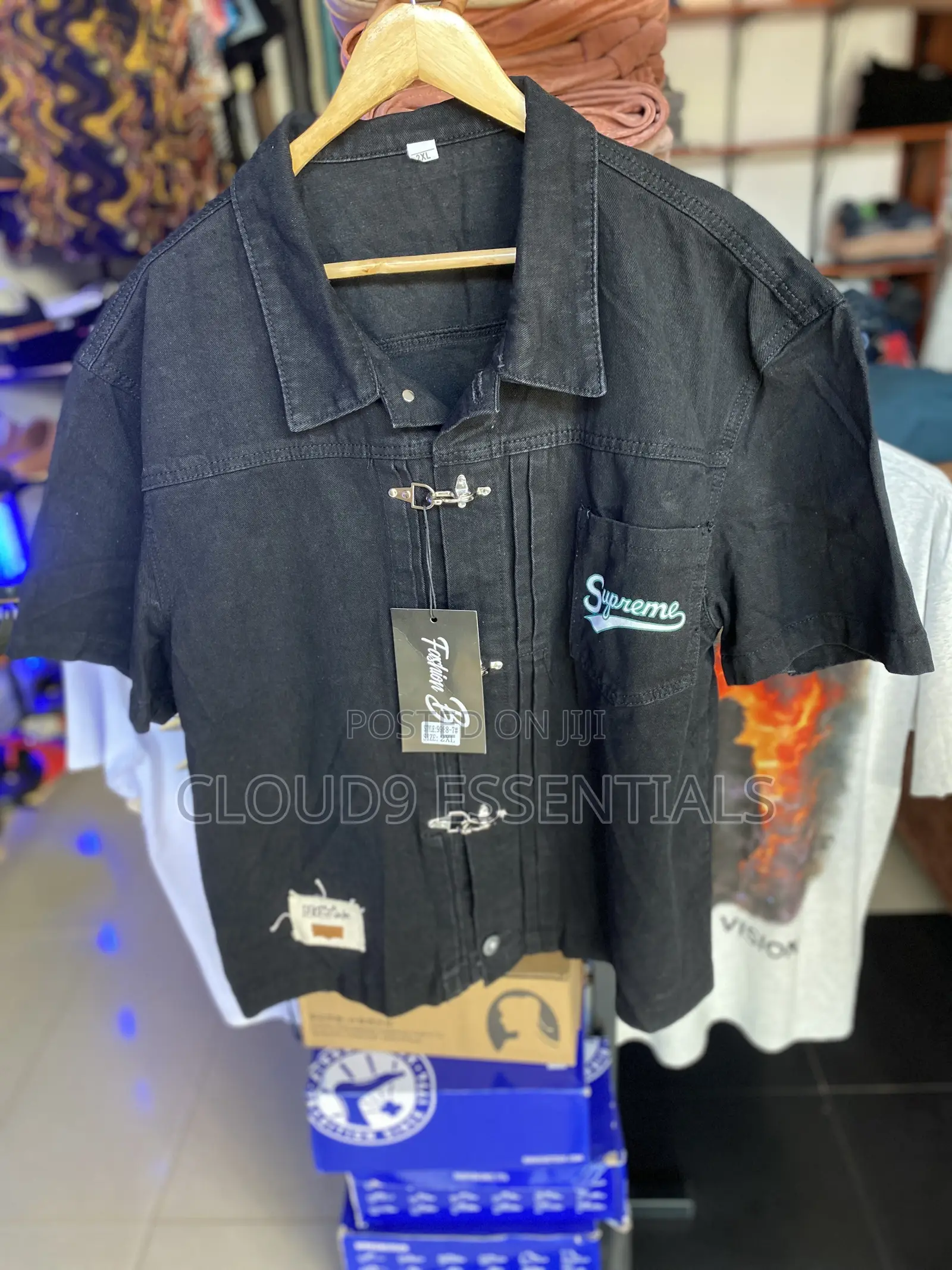 Men's Black Streetwear Shirt With Metal Clasps - XXL