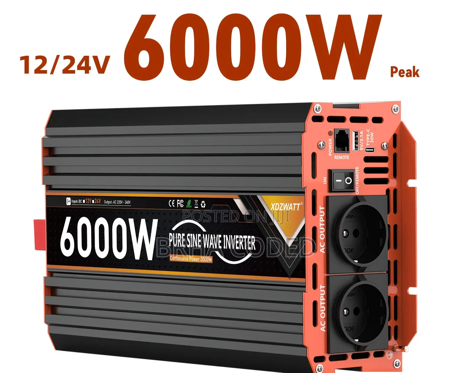 12/24v XDZWATT 6000W Peak Pure Sine Wave Power Inverter (3000W Rated)
