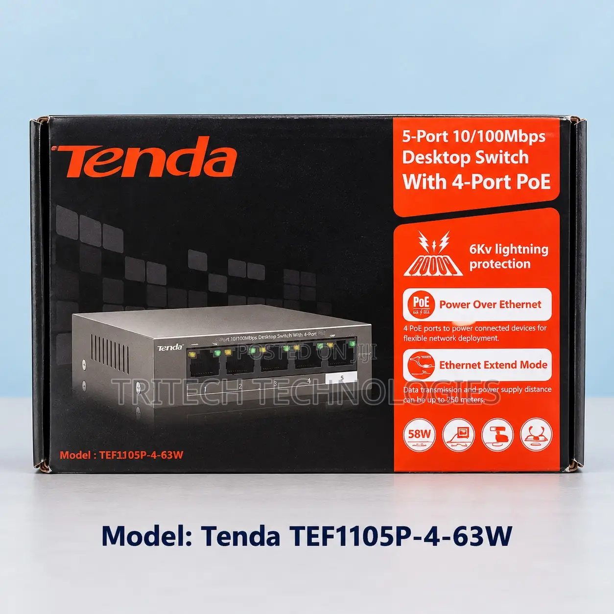 TEF1105P-4-63W-Tenda 5-Port 10/100Mbps Desktop Switch With 4-Port PoE