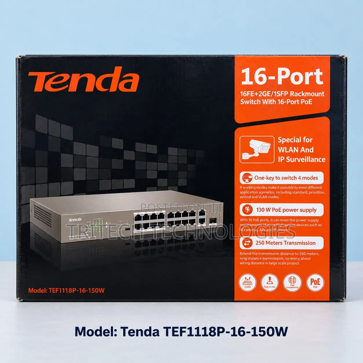 TENDA TEF1118P-16-150W-Tenda 16fe+2ge/1sfp Desktop Switch With 16-PoRT