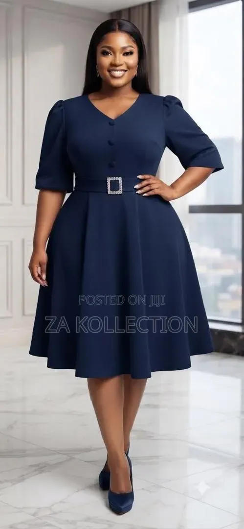 Women's Colored Big Pleated Office Dress With Belt