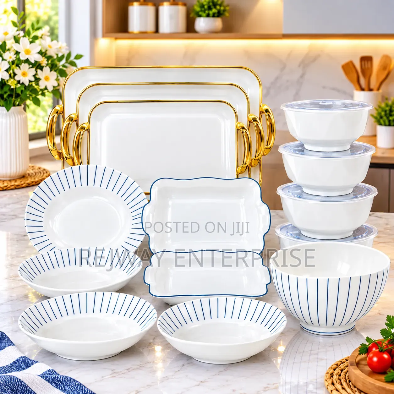 White and Gold Dinner Ware Set With Gold-Trimmed Serving Trays