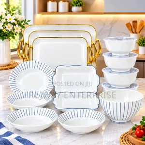 White and Gold Dinner Ware Set With Gold-Trimmed Serving Trays