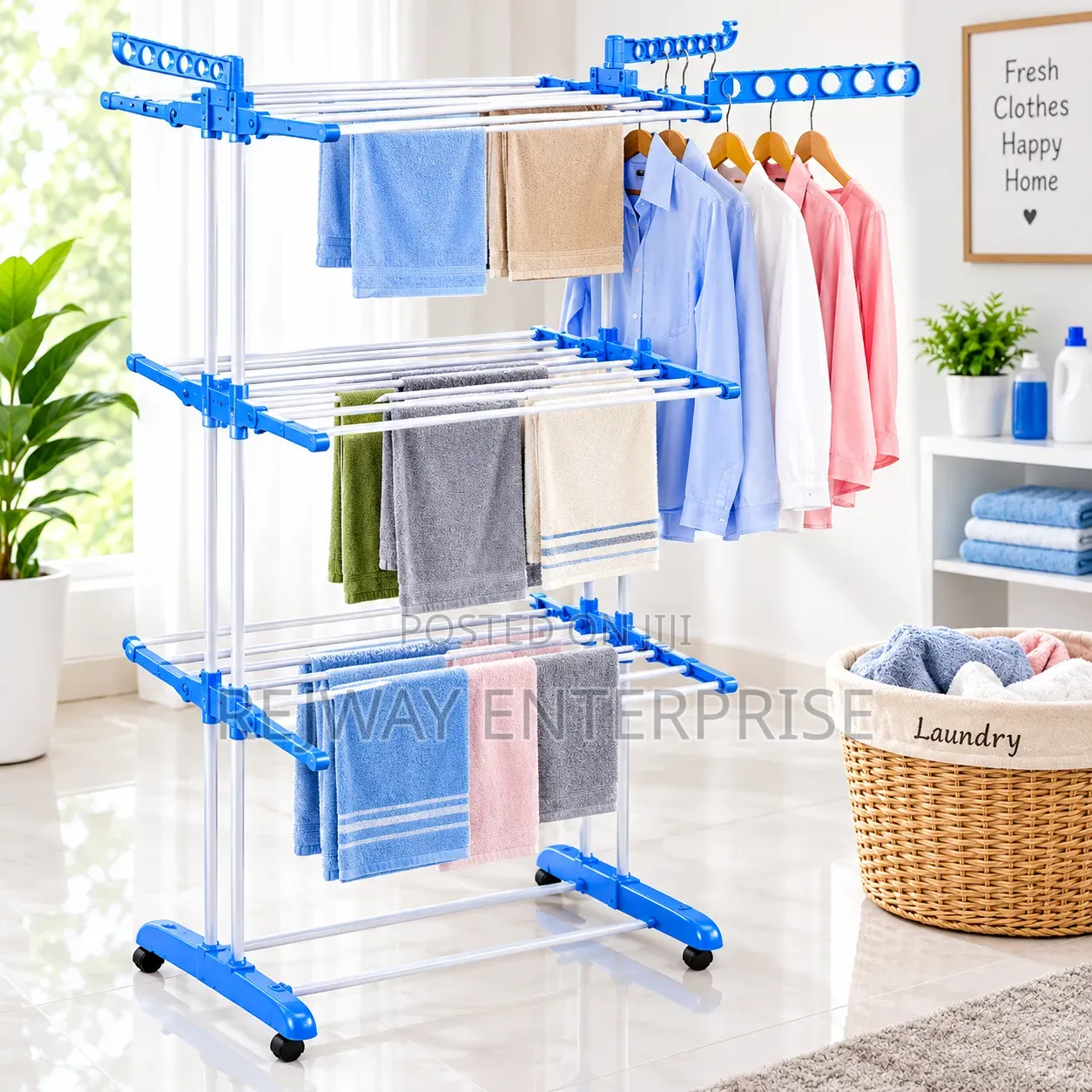 Tier Blue and White Drying Rack With Wheels and Hanging Rail
