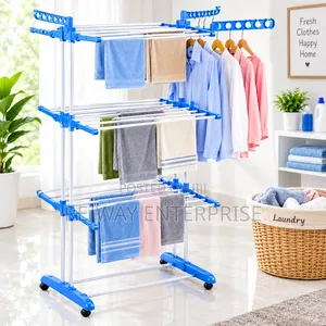 Tier Blue and White Drying Rack With Wheels and Hanging Rail
