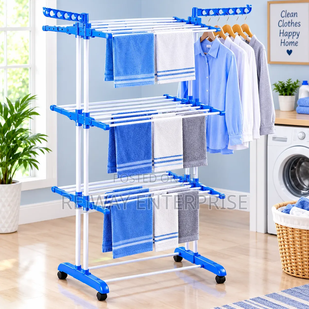 Tier Blue and White Drying Rack With Wheels and Hanging Rail