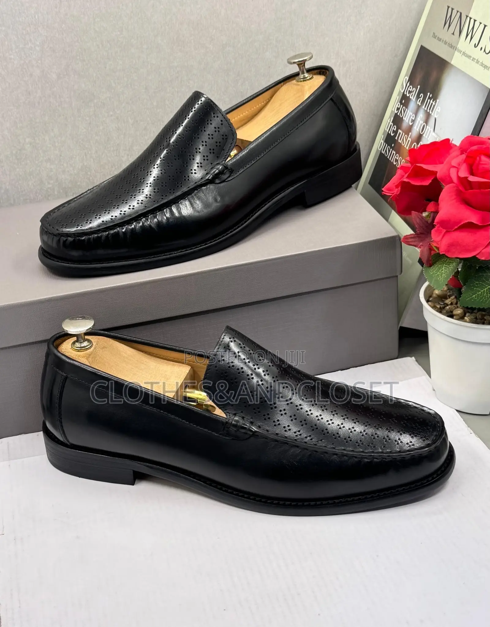 Black Leather Slip-on Dress Loafers Feature a Textured, and a Low Heel