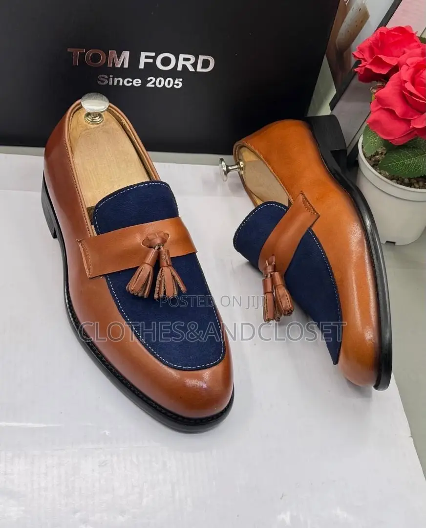 Brown and Blue Leather Tassel Slip-on Dress Loafers