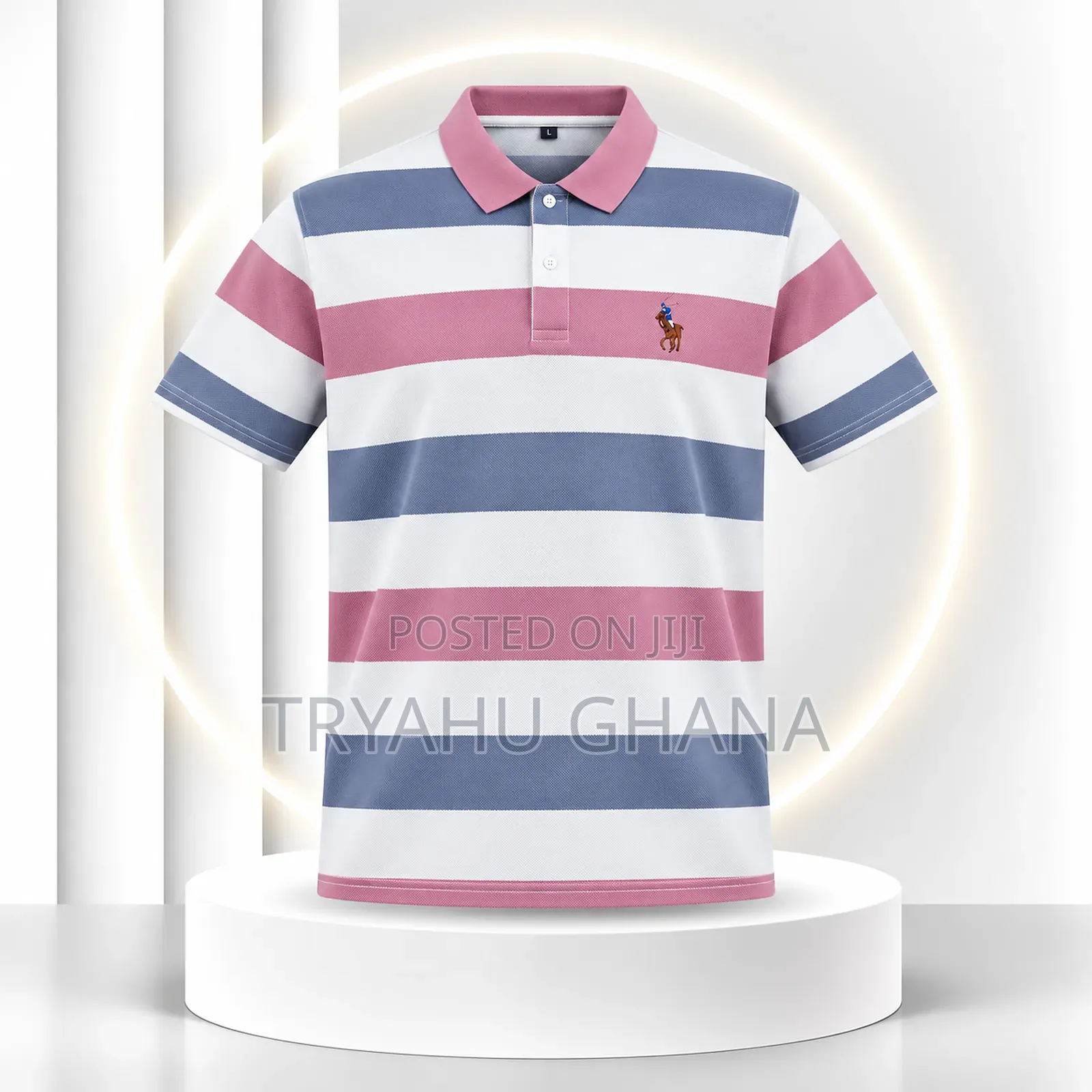 TRYAHU Premium Pink, Slate-Blue & White Striped Polo