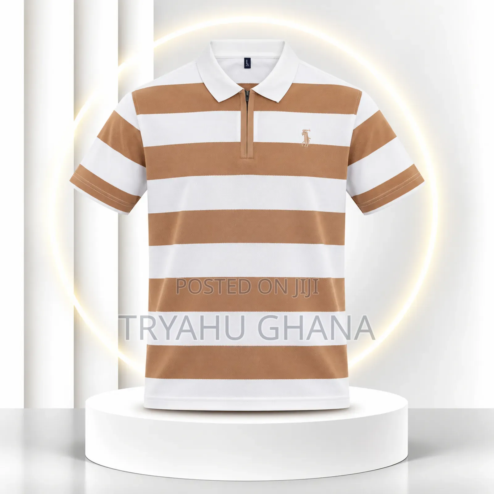 TRYAHU Premium Tan & White Striped Zip Polo