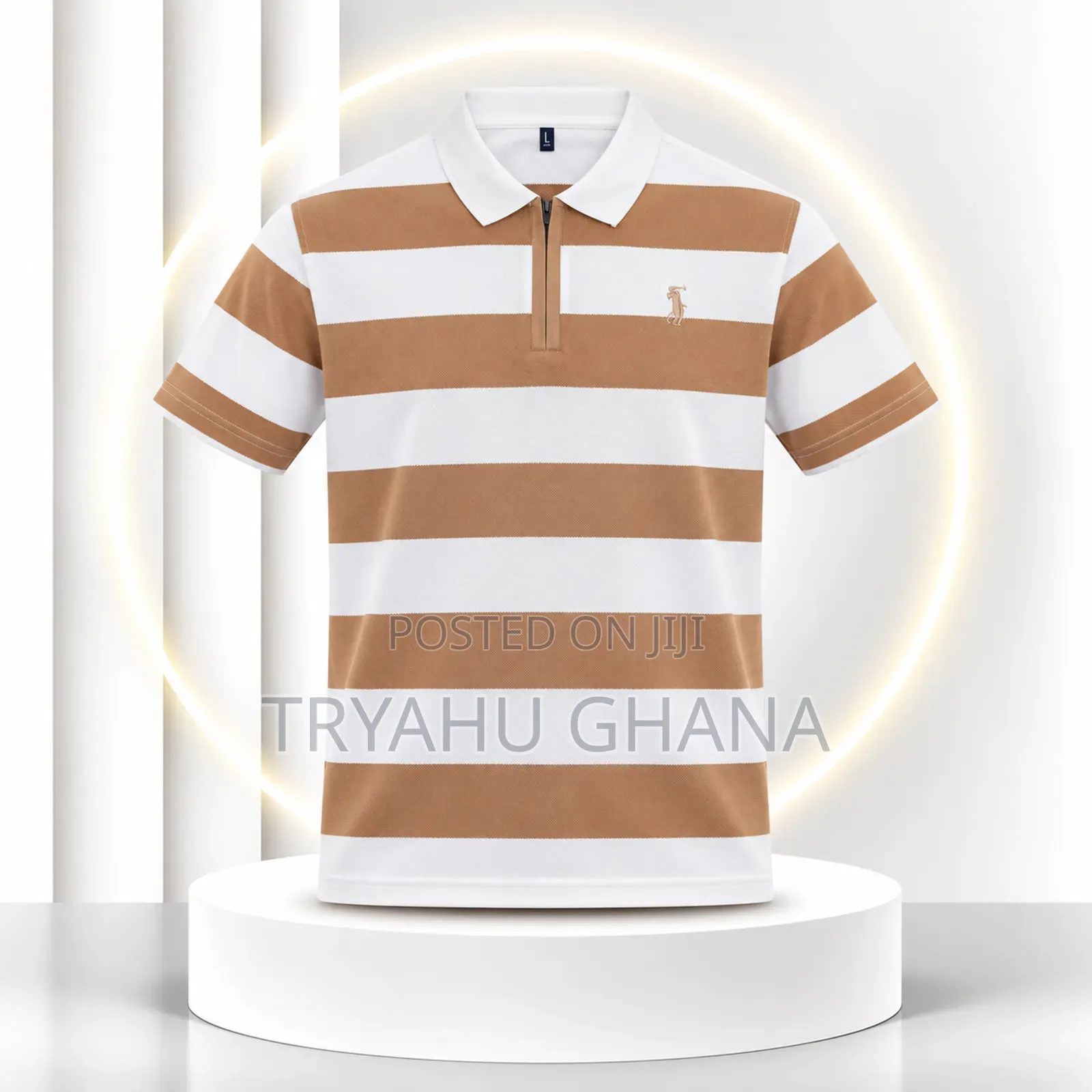 TRYAHU Premium Tan & White Striped Zip Polo