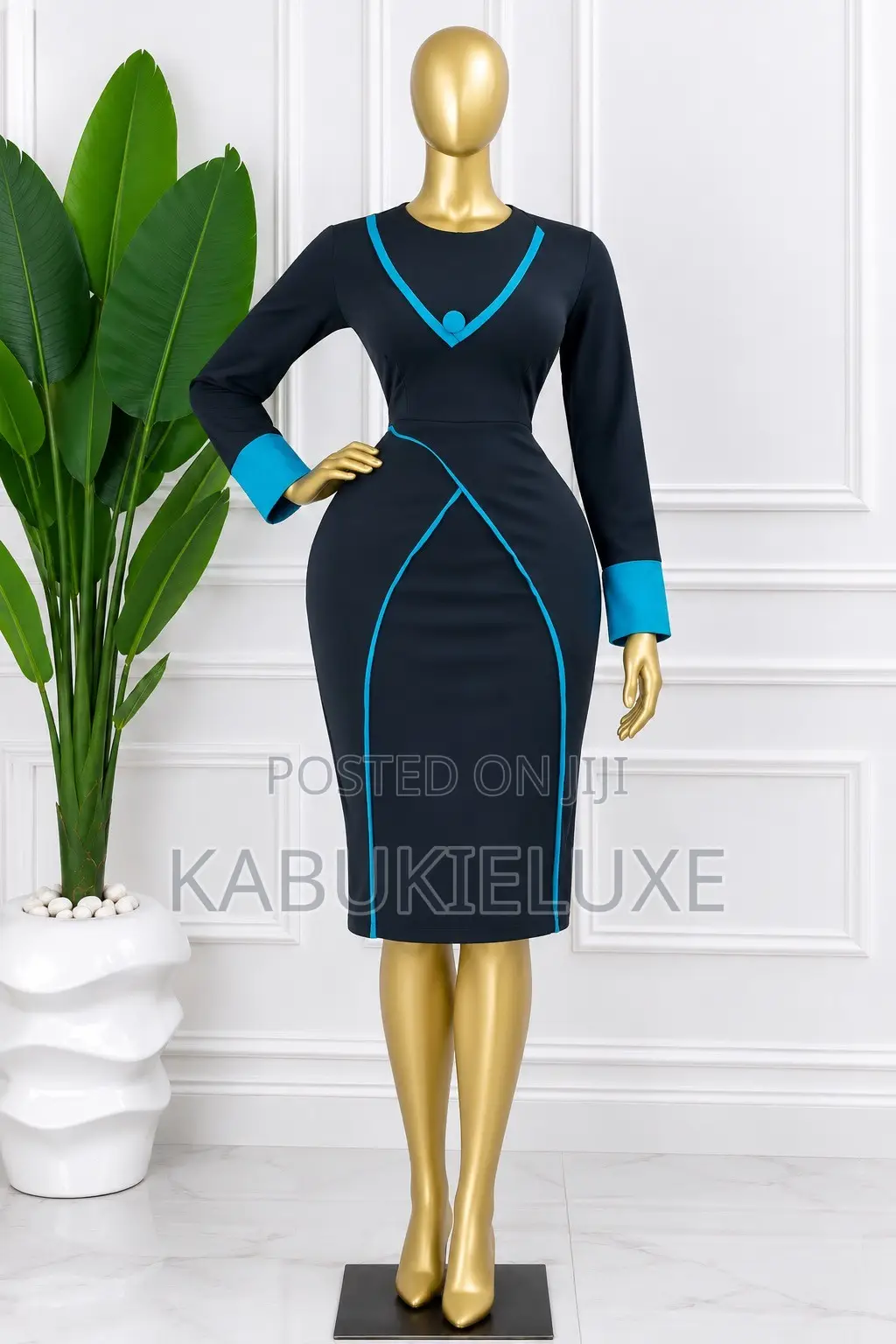 Elegant Navy Blue Corporate Midi Dress With Turquoise Trimming