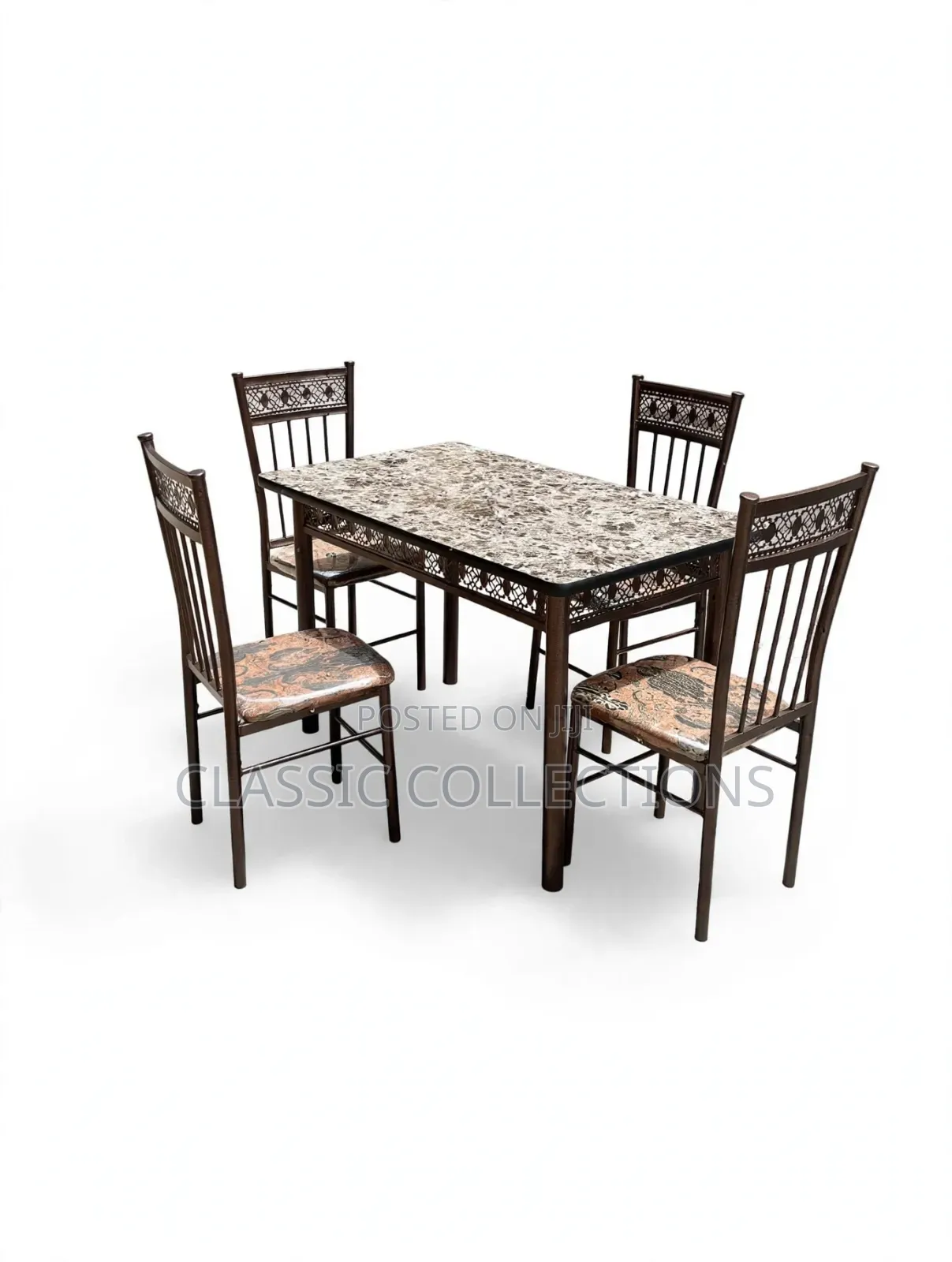 4 Seater Metal Dining Set- Marble Top Table Set+4 Cushioned Chairs