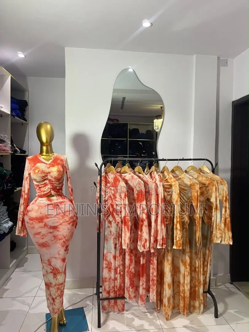 Elegant, Figure-Hugging Orange/ Red and White Tie-Dye Maxi Two Piece