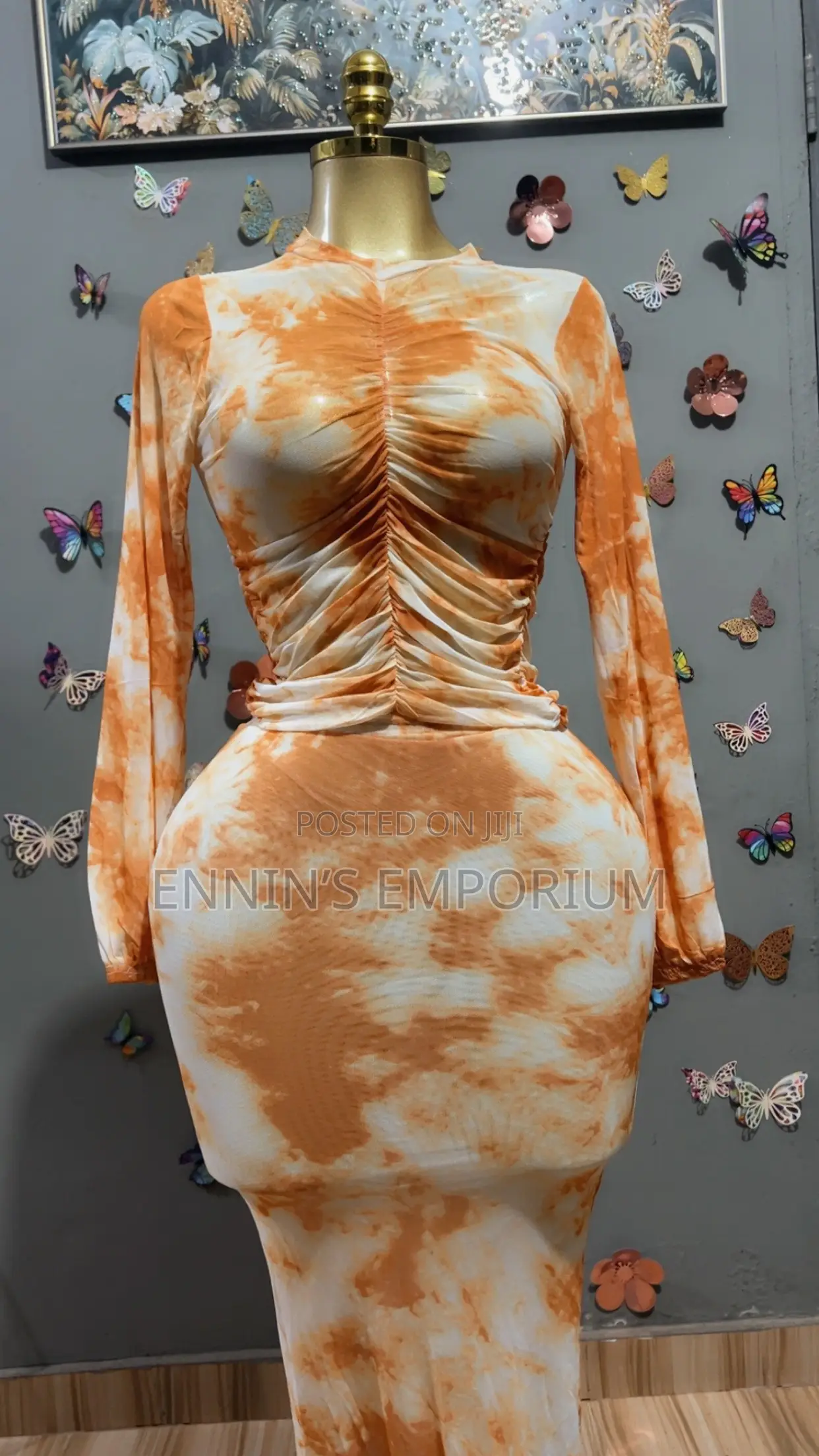 Elegant, Figure-Hugging Orange/ Red and White Tie-Dye Maxi Two Piece