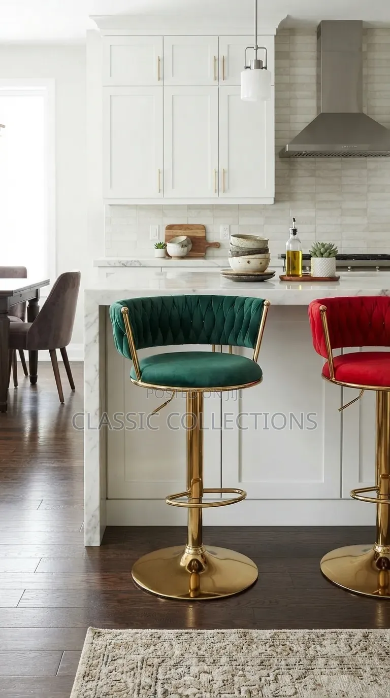 Basket-Weave Velvet Bar Stool With Adjustable Gold Pedestal Base