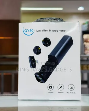 QY80 Wireless Lavalier Microphone Set With a Magnetic Charging Case.