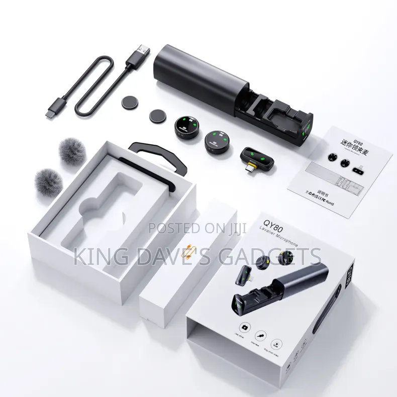 QY80 Wireless Lavalier Microphone Set With a Magnetic Charging Case.