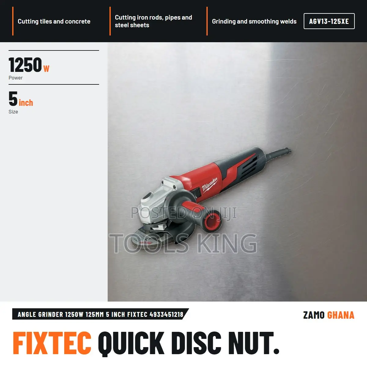 Angle Grinder 1250W 125Mm 5 Inch Fixtec - AGV13-125XE