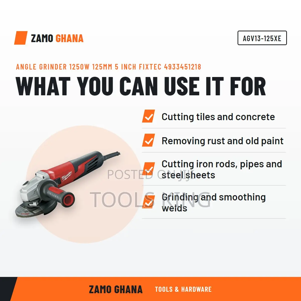 Angle Grinder 1250W 125Mm 5 Inch Fixtec - AGV13-125XE