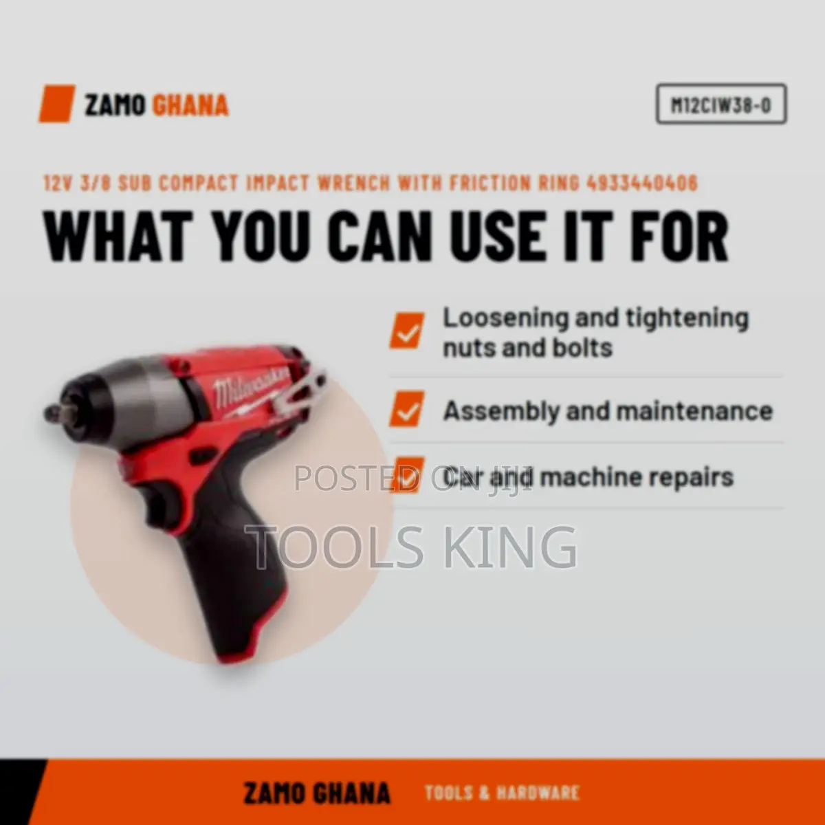 12V 3/8 Sub Compact Impact Wrench With Friction Ring 4933 - M12ciw38-0