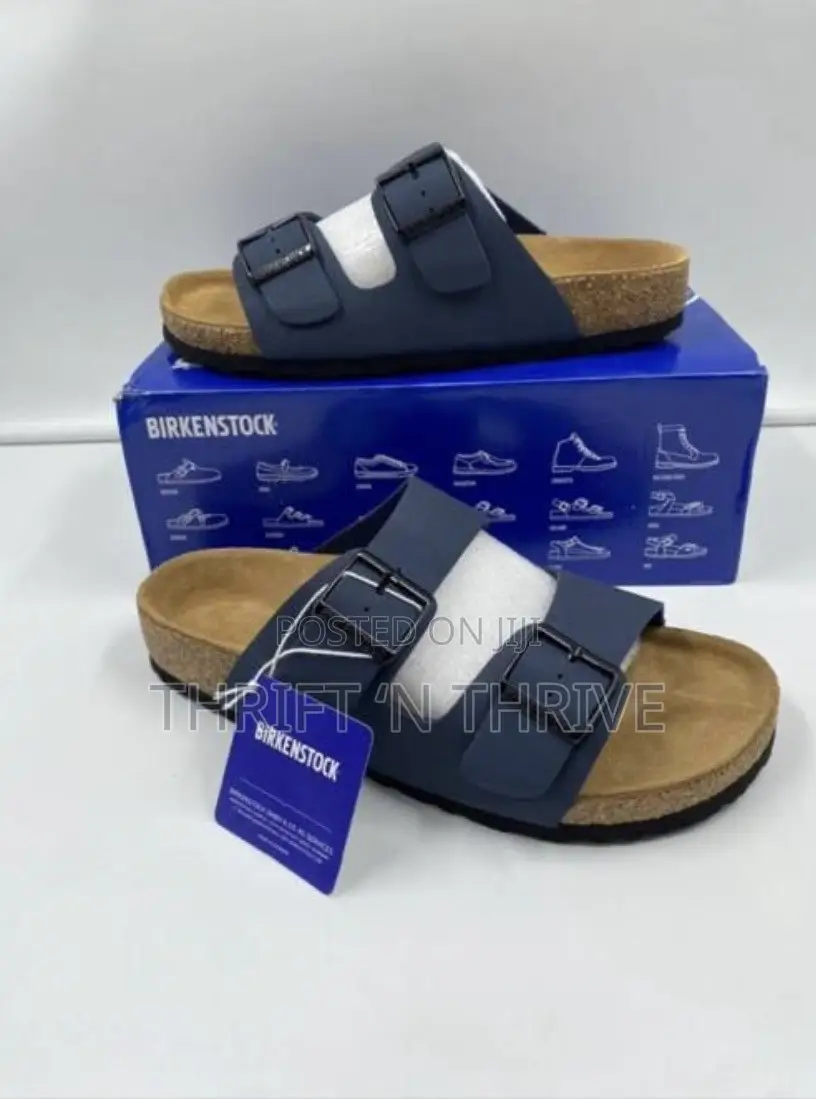 Blue Black Birkenstock Arizona Two-Strap Sandals With Cork Footbeds,