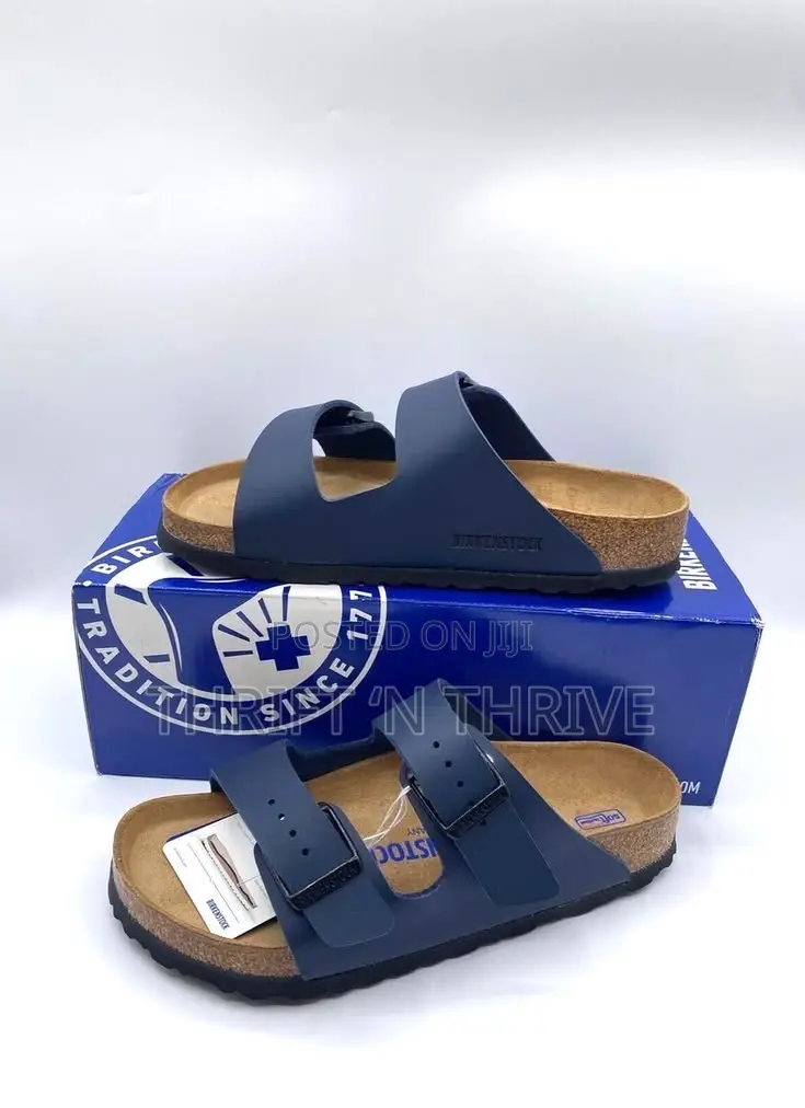 Blue Black Birkenstock Arizona Two-Strap Sandals With Cork Footbeds,