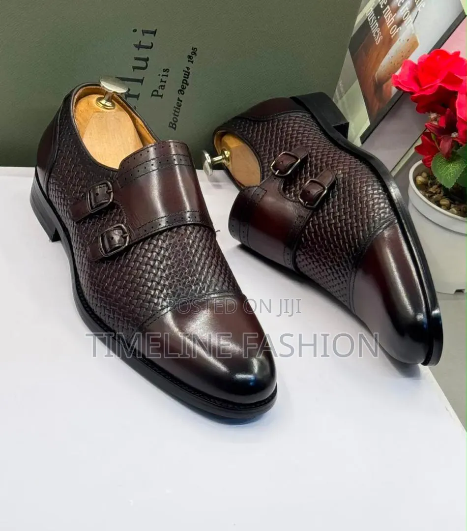 Coffee Brown Berluti Executive Men's Leather Monk Strap Shoes