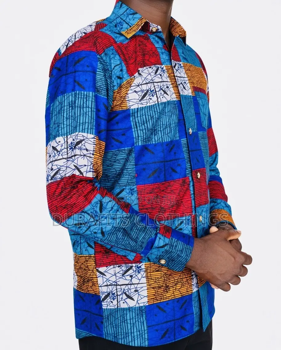 Men’s Vibrant Ankara & Kente Patchwork Long-Sleeve Shirt