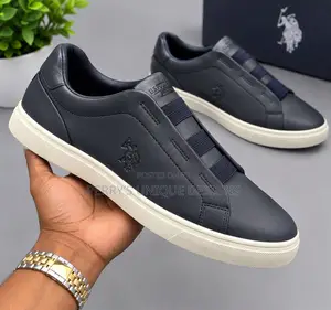 Men’s Navy Leather Slip-on Sneakers With Elastic Bands