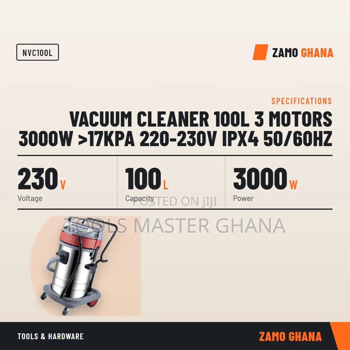Vacuum Cleaner 100L 3 Motors 3000W >17Kpa 220-230v Ipx4 50/6 - NVC100L
