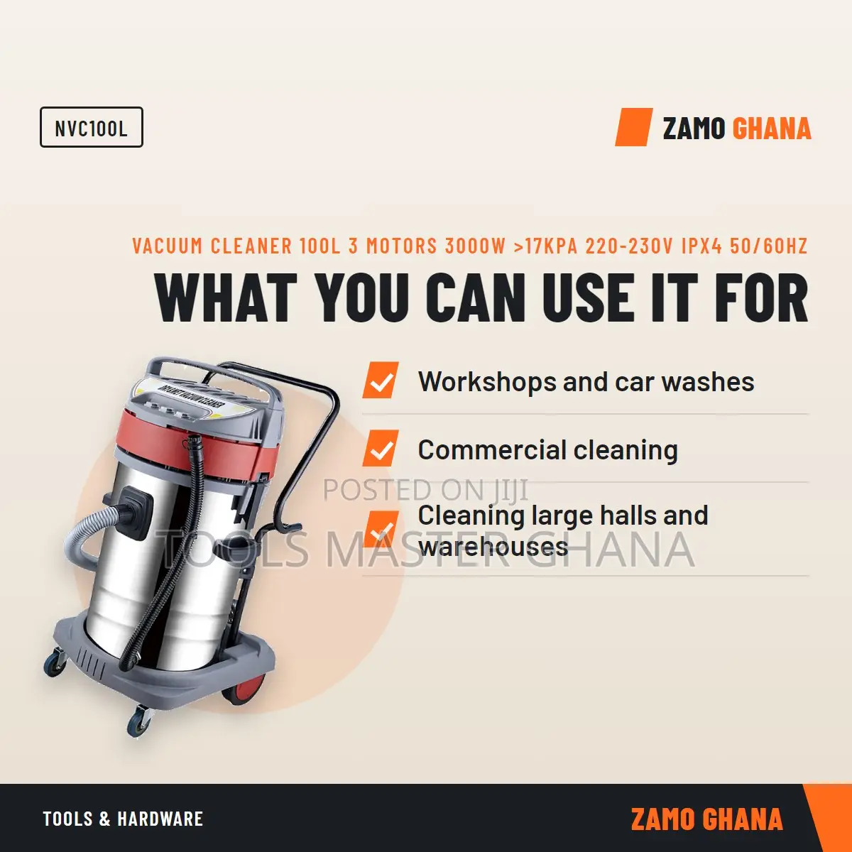 Vacuum Cleaner 100L 3 Motors 3000W >17Kpa 220-230v Ipx4 50/6 - NVC100L