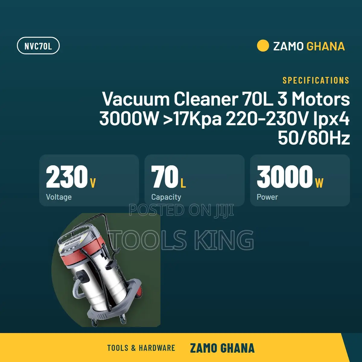 Vacuum Cleaner 70L 3 Motors 3000W >17Kpa 220-230v Ipx4 50/60h - NVC70L