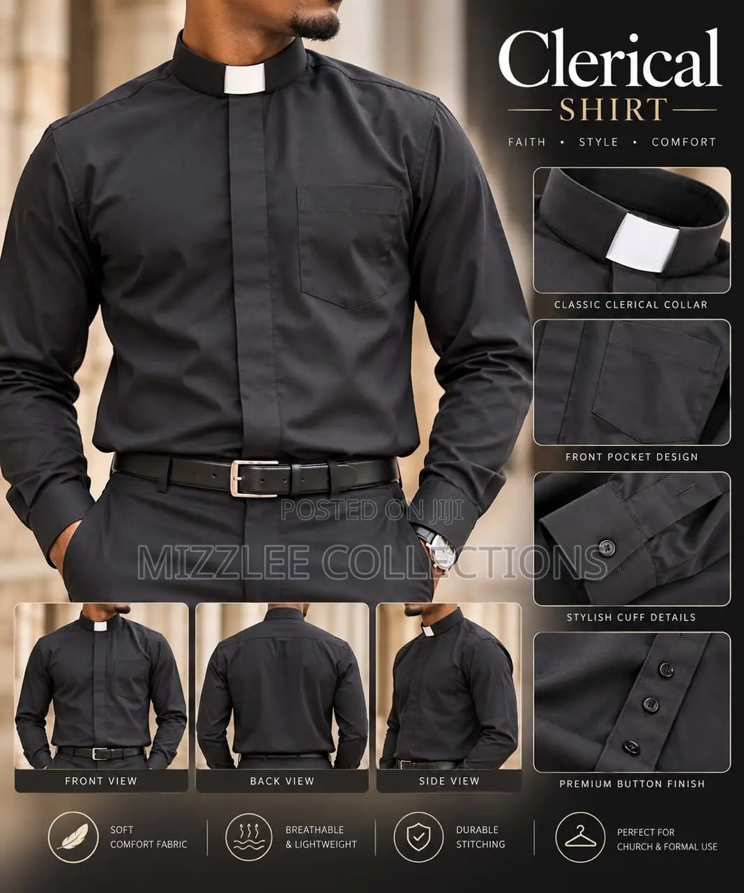 Black Clerical Shirt for Men M-3xl