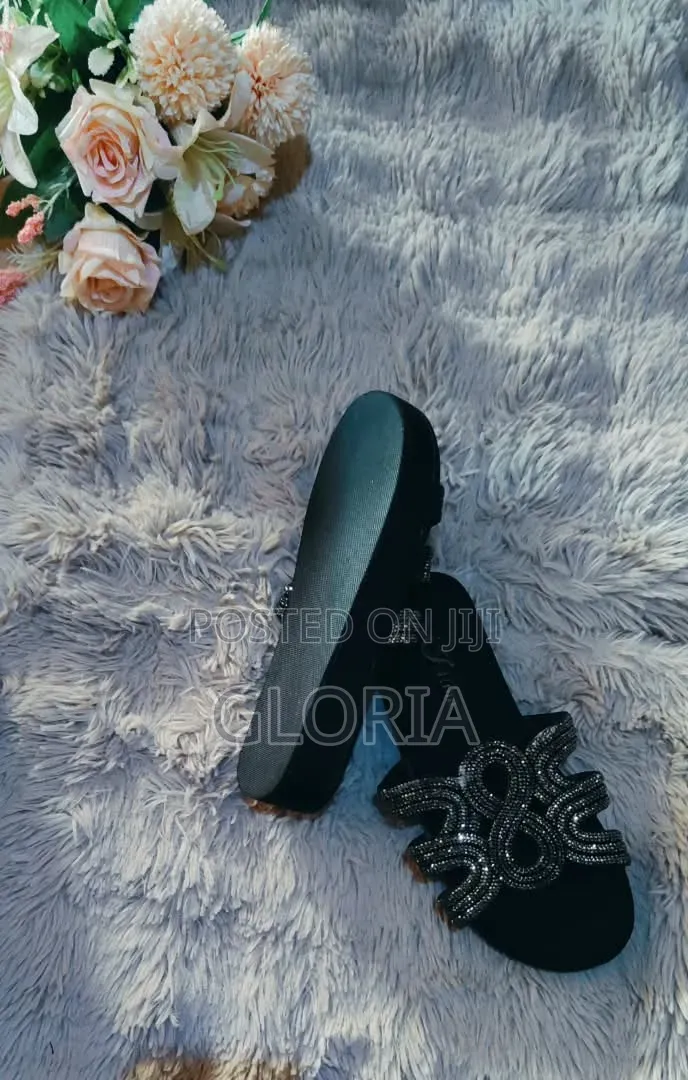 Ladies Black Platform Slides