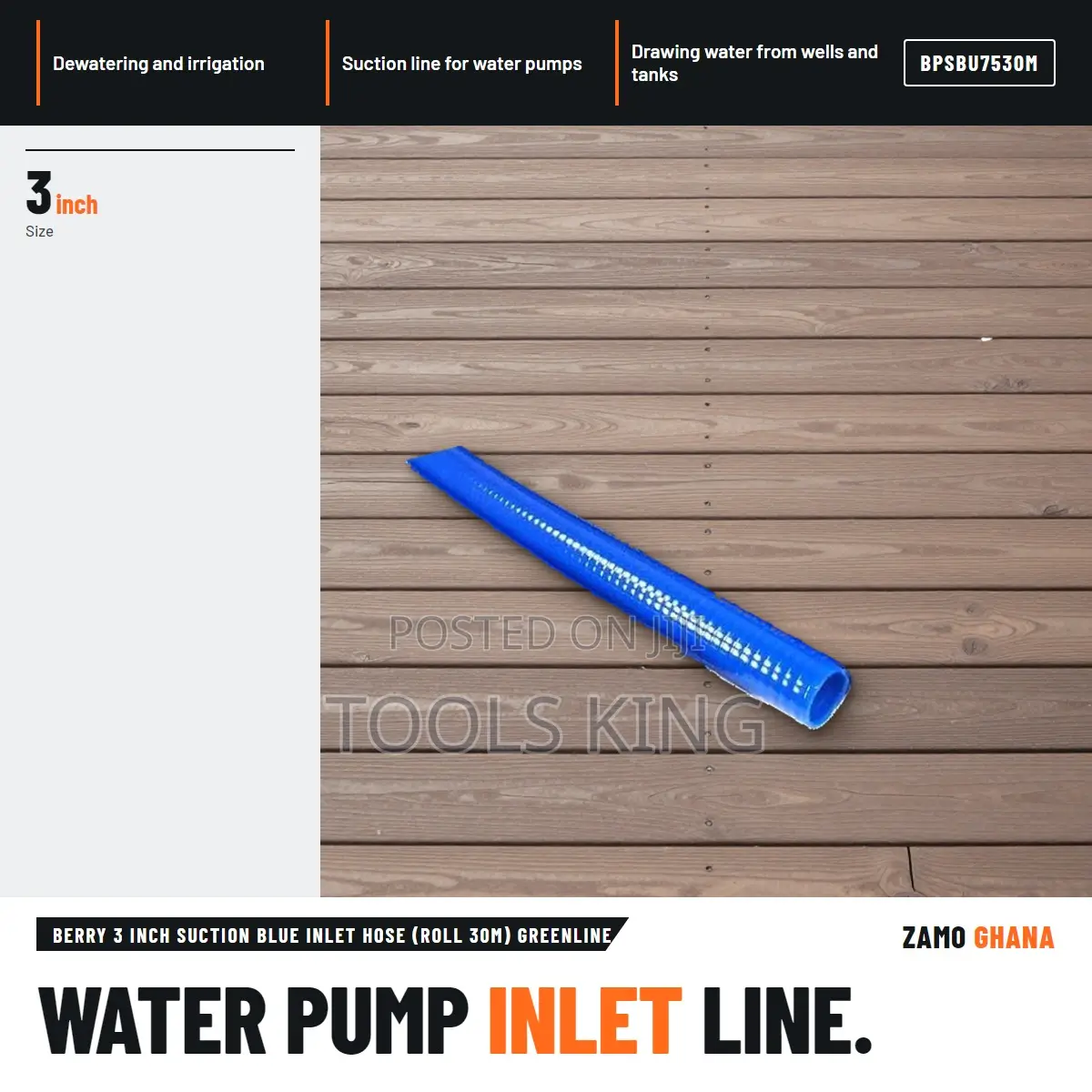 Berry 3 Inch Suction Blue Inlet Hose (Roll 30M) Greenline - BPSBU7530M